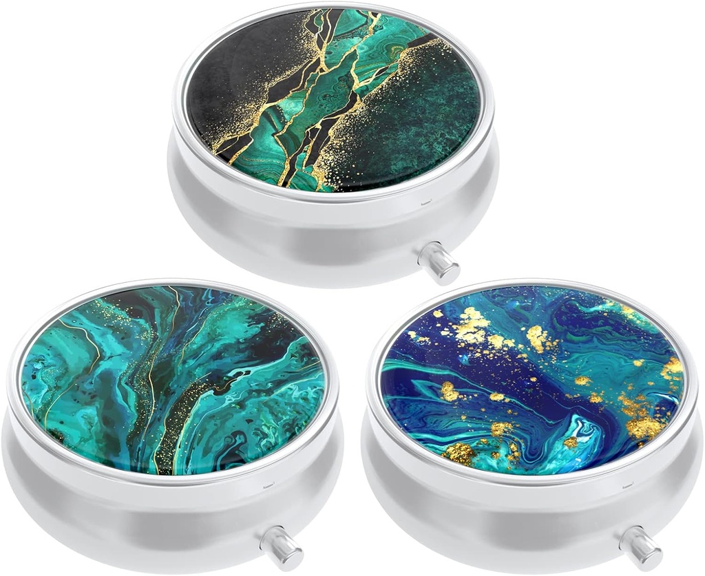 3 Pack Pill Box, Lille Pill Case til purse & Pocket, Cute Medicine Organizer rejse Pillbox, Portable Pill Container Holder til at holde vitaminer, Medicin, Fish Oil & Kosttilskud, Teal Ocean Marble