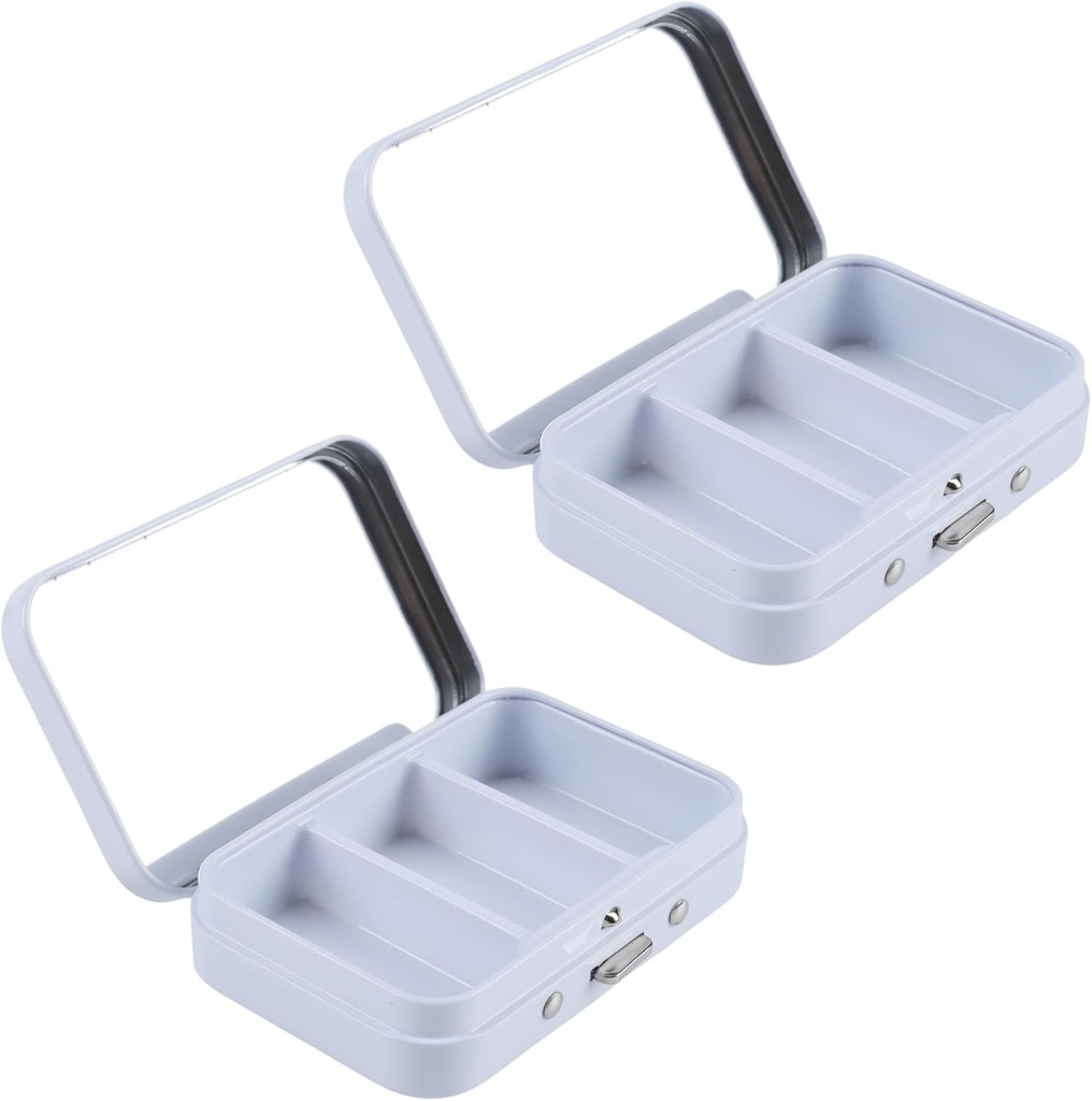 2Pcs 3 Compartments Pill Case with Mirror, Portable Metal Medicine Pill Organizer Small Pill Box Vitamin Pill Holder for Pocket, Purse, Travel (White)