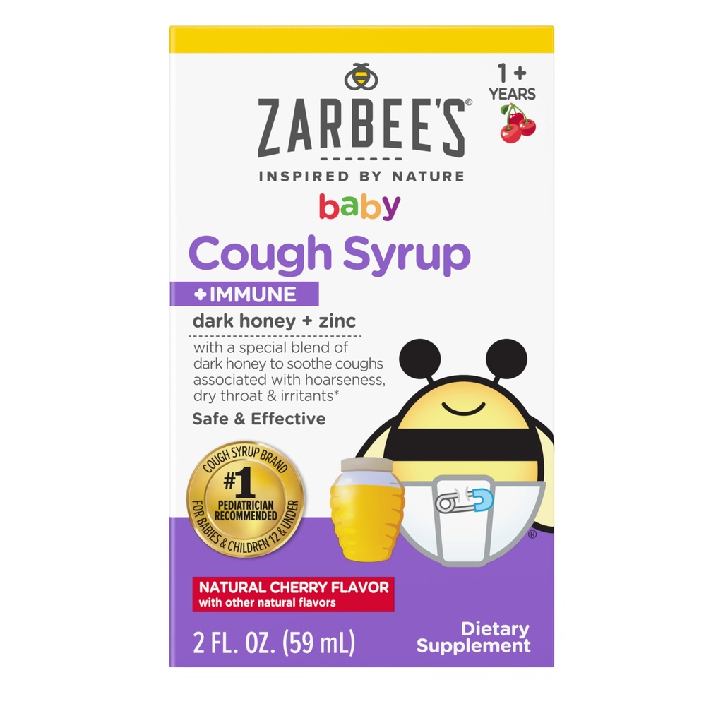 Zarbee 's baby honning hoste syrup + immunforsvar for babyer 12- 24 måneder, Sikker & effektiv host syrup med beroligende mørk honning & zink til immunforsvar *, narkotika & alkohol-fri, Cherry, 2 fl. oz