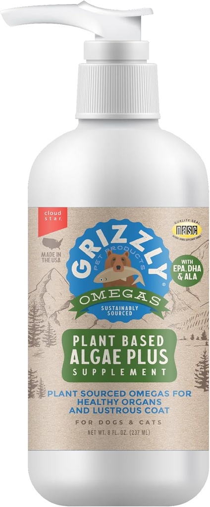 Grizzly Pet Produkter Algal Plus Omega 3-6-9 Kosttilskud til hunde og katte, 8 Ounce Flaske