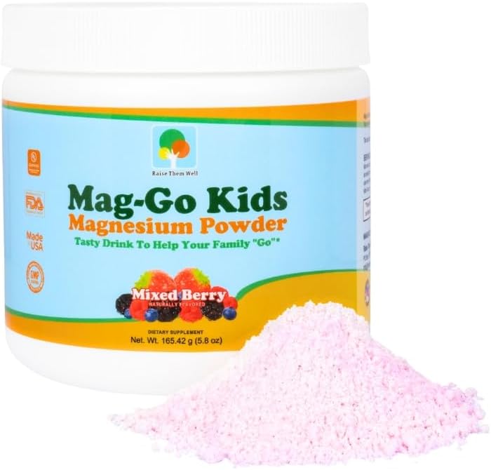 Mag- Go Kids Forstoppelse Relief Magnesiumpulver, Daglig støtte til fordøjelseskomfort for børn, Let at blande, Mild Smag, Rene Ingredienser, Blandede Berry, 90 Servering