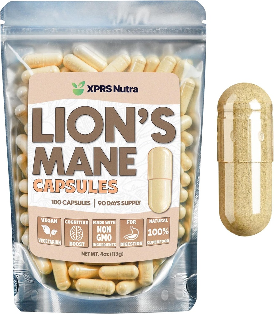 XPRS Nutra Organic Lions Mane Supplement kapsler - 180 Tæl (90 dages forsyning) af Premium Lions Mane Mushroom kapsler til mental Klarhed, kognition og immunitet Lions Mane Powder kapsler