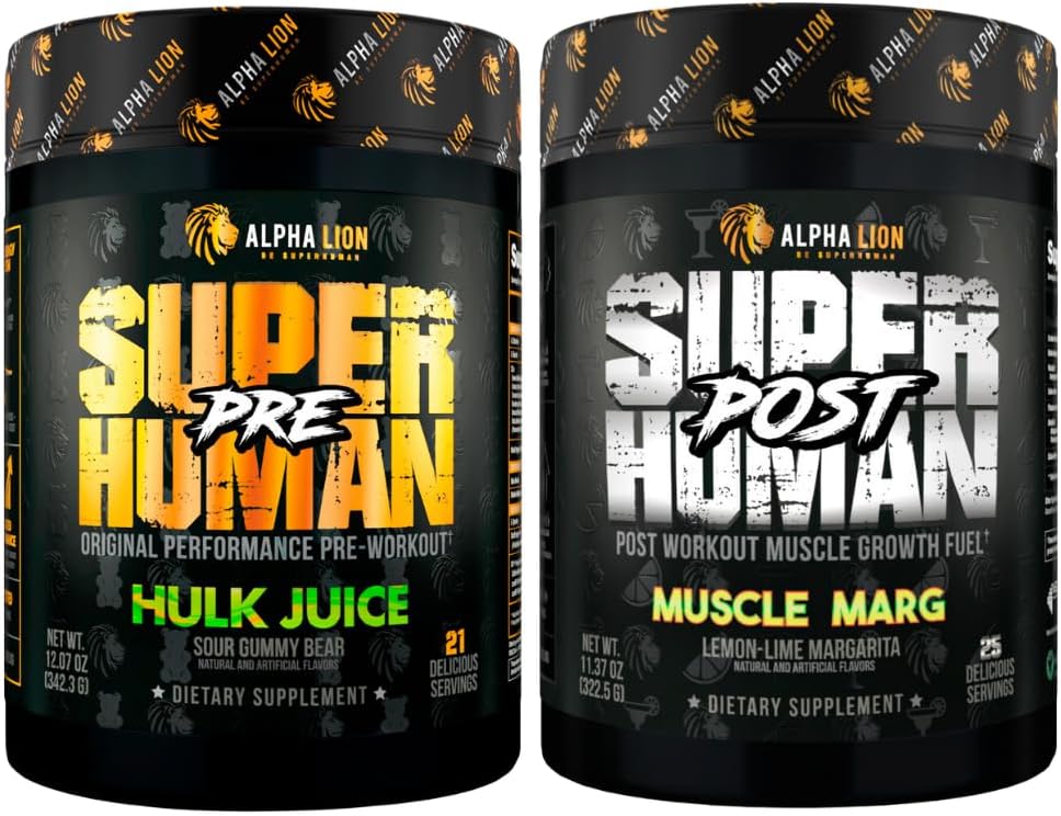 LEONA LION Superhuman Pre Workout Powder & Post Workout Recovery Bundle, Vedvarende energi & Focus + Lean muskelvækst, styrke og volumen (Hulk Juice & Muscle Marg