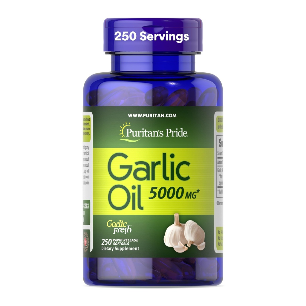 Puritans pride Premium hvidløg Fresh 5000mg, Traditional Dietary Supplement for Heart Health and Circulation Support med antioxidant egenskaber, 250 Rapid Release Softels