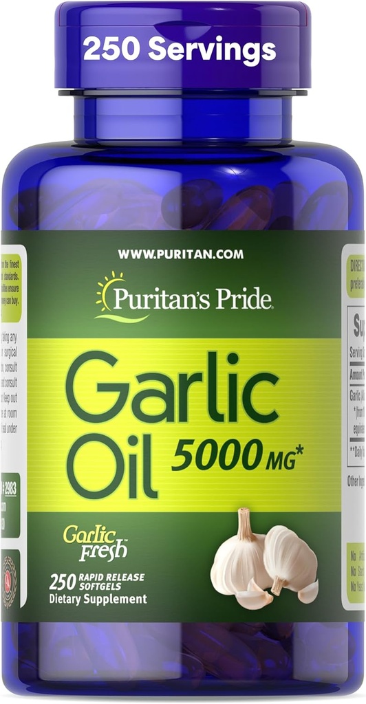 Puritans pride Premium hvidløg Fresh 5000mg, Traditional Dietary Supplement for Heart Health and Circulation Support med antioxidant egenskaber, 250 Rapid Release Softels
