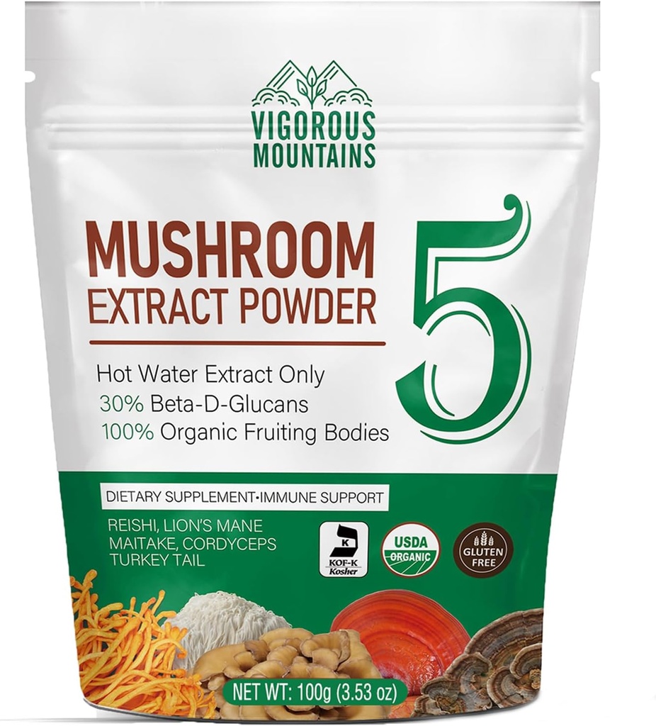 VIGOROUS MOUNTAINS Organic Mushroom Powder Supplement - USDA Certified, Lions Mane & Reishi for immunforsvar, Brain Focus, Vegan, Mikes Straks i kaffe & Smoothies (100g)