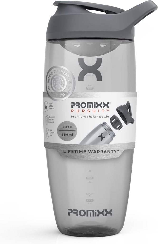 Promixx Pursuit Protein Shaker Flaske (32 oz) - Silent No- Ball Mixer, Leak- Proof Lid, BPA / BPS & Phthalate- Free ECOZEN - Easy- Clean Shaker Cup for Protein Shakes, Pre & Post- Workout Smoothies