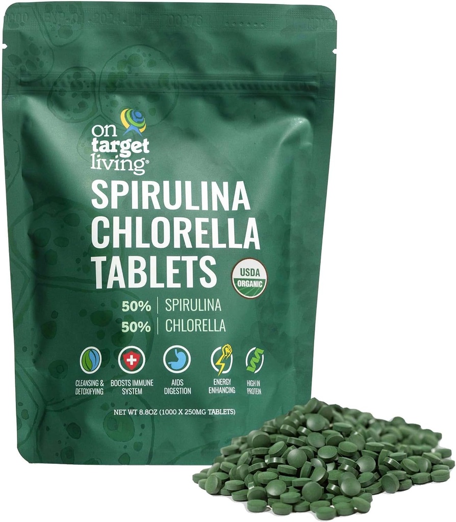 On Target Living Organic Spirulina Chlorella; Supergreens • 124; USDA Organic • 124; 1000 tabletter - 250 G (8,8 oz) • 124; Vegan • 124; immunforsvar • 124; Alkaliserende • 124; Næringsstof Dense • 124; Protein Dense
