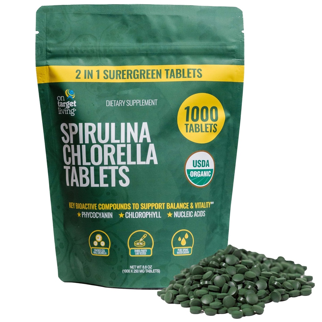 On Target Living Organic Spirulina Chlorella; Supergreens • 124; USDA Organic • 124; 1000 tabletter - 250 G (8,8 oz) • 124; Vegan • 124; immunforsvar • 124; Alkaliserende • 124; Næringsstof Dense • 124; Protein Dense