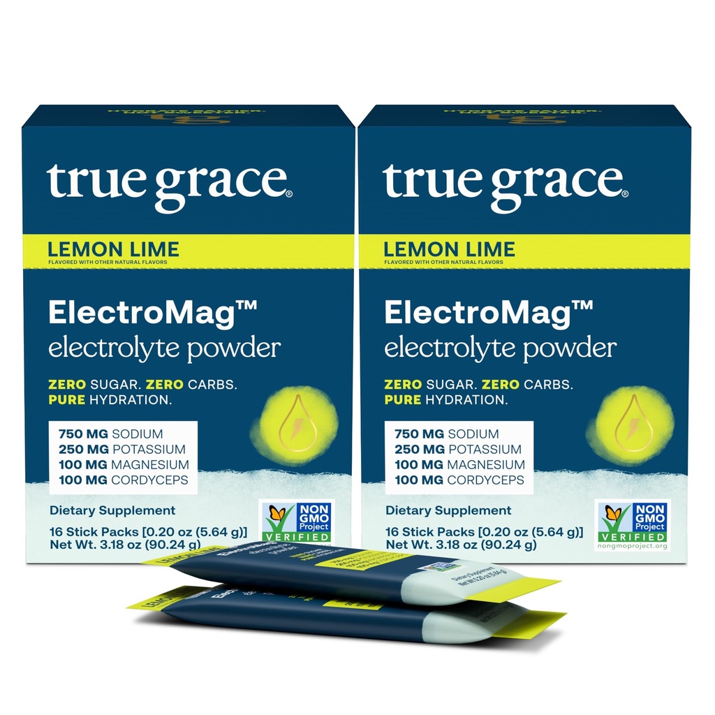 Sand Grace ElectroMag - 16 Stick Packs (pakke af 2) - Lemon Lime - Electrolyte Powder for Rapid Hydration - Natrium, kalium, Magnesium & Cordyceps - Zero Sugar & Carbs - Non- GMO - 32 Total Servering