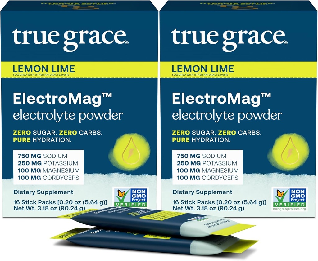 True Grace ElectroMag - 16 Stick Packs (Pack of 2) - Lemon Lime - Electrolyte Powder for Rapid Hydration - Sodium, Potassium, Magnesium & Cordyceps - Zero Sugar & Carbs - Non-GMO - 32 Total Servings