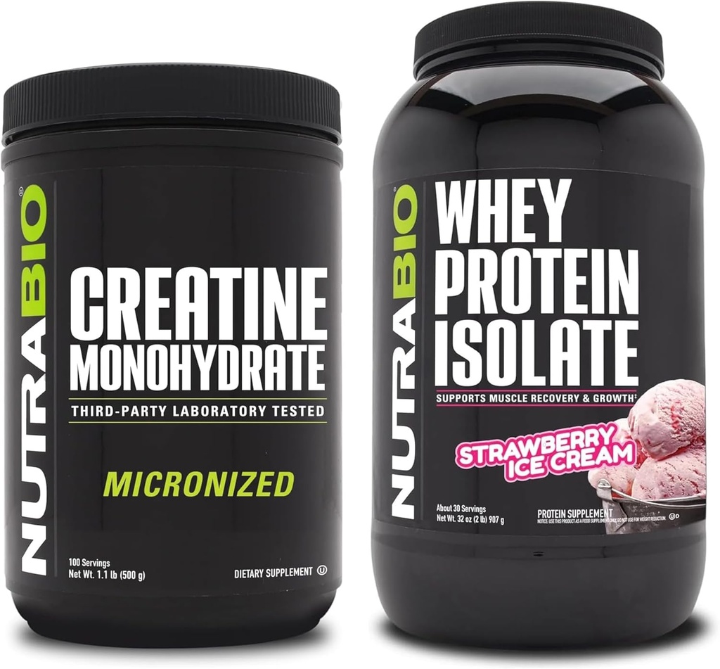 Nutrabio Creatin monohydrat, Unflavored, 500g og Whey Protein Isolate, Jordbær is, Supplement Bundle - Muskelenergi, Lean muskelvækst, Inddrivelse, og Styrke