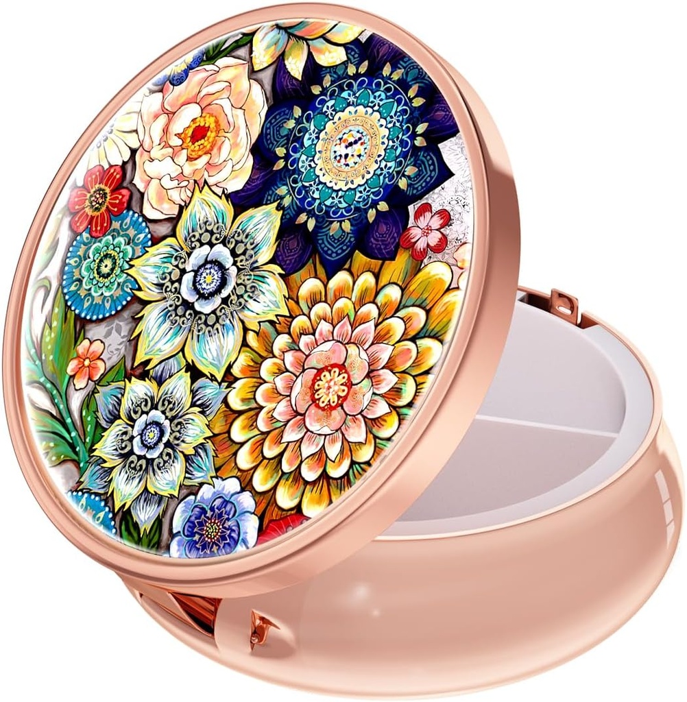 Rouidr Pill Box, 3 Segment Medicine Pill Case, Lille Metal Travel Medicine Box for pung & Pocket, Rose Gold, Mandala Flower