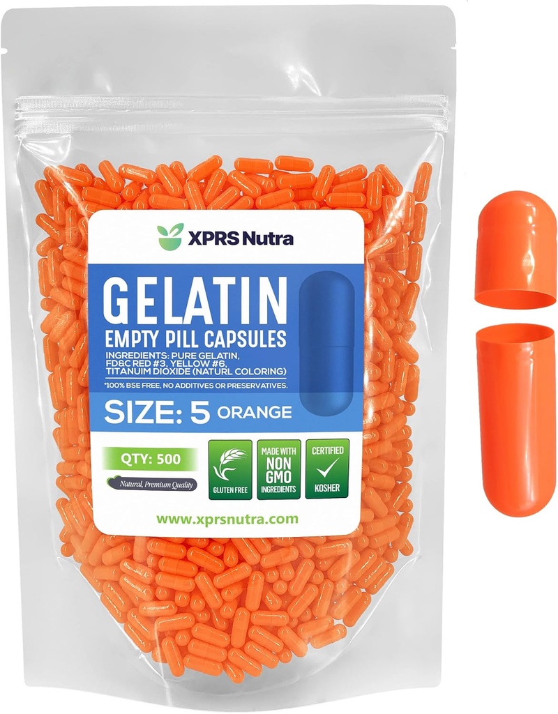 XPRS Nutra størrelse 5 Tomme kapsler - 500 Tomme meget små Tomme Gelatine kapsler - Piller gør det selv Capsule Fyldning - Fyldelige Pille Gel Caps til Do- It- Yourself Vitamin Kosttilskud (Orange)