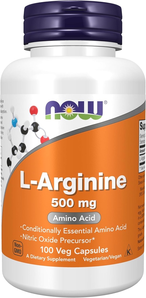 Now Foods Supplements, L- Arginin 500 mg, Nitrogenoxid Precursor *, Aminosyre, 100 Veg kapsler