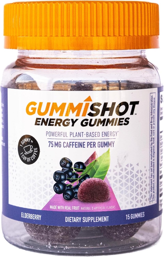 GummiShot Energy Gummies, 1125 mg Plantbaserede Koffein Chews per flaske, Lang Vedvarende Energy Boosters, Elderberry (15ct)
