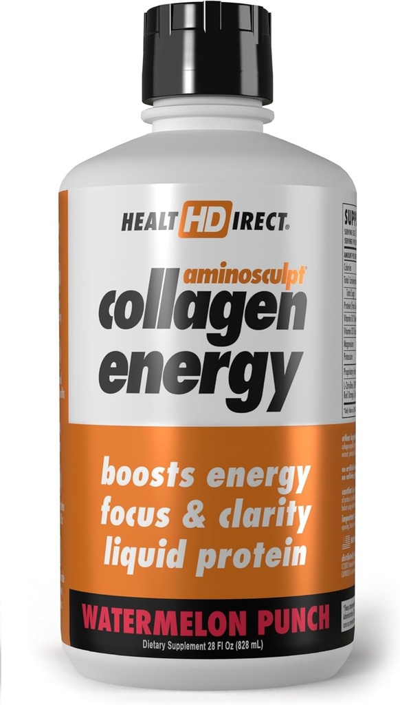 SUNDHEDSDIRECT - Aminosulpt Collagen Energy - Flydende collagen til hydrering, cirkulation og energi - Vitamin B12, Electrolytes, L-Citrullin, Capros Amla - Watermelon Punch - 28 Fl Oz (28 Servere)