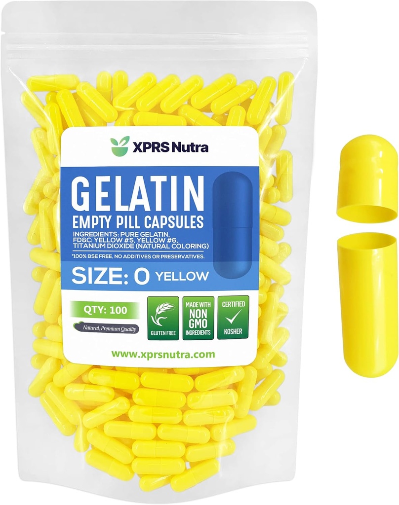 XPRS Nutra Størrelse 0 Tomme kapsler - 100 Tomme Gelatine kapsler - Piller gør det selv Capsule Filling - Pure Bovin Pill Gel Caps til Do- It- Yourself Kosttilskud (gul)