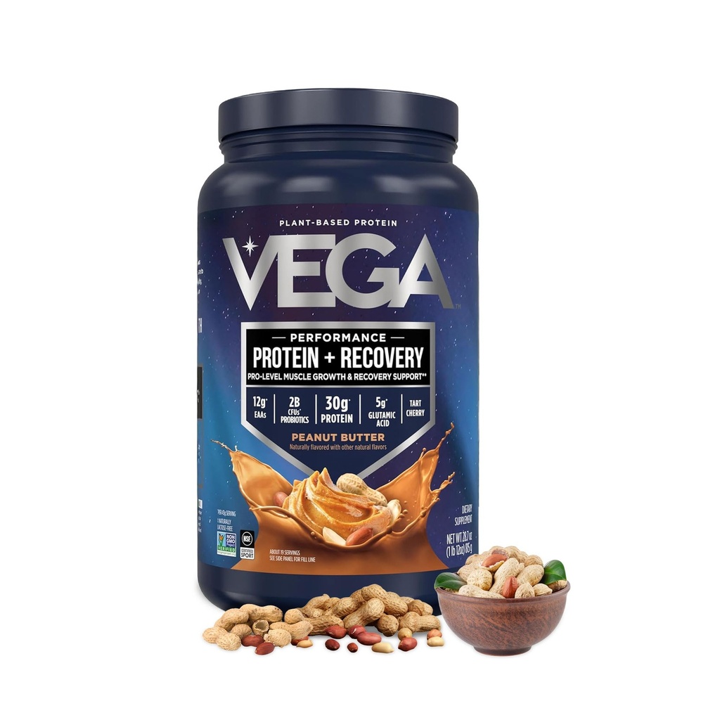 Vega Sport Vegan Protein Powder + Inddrivelse - 30g Plant Based Protein per Serving, Peanut Butter, 19 Servering, 5g BCAA, Probiotika, NSF Certified, For Shakes & Smoothies, 1.8lbs (Packaging May Vary)