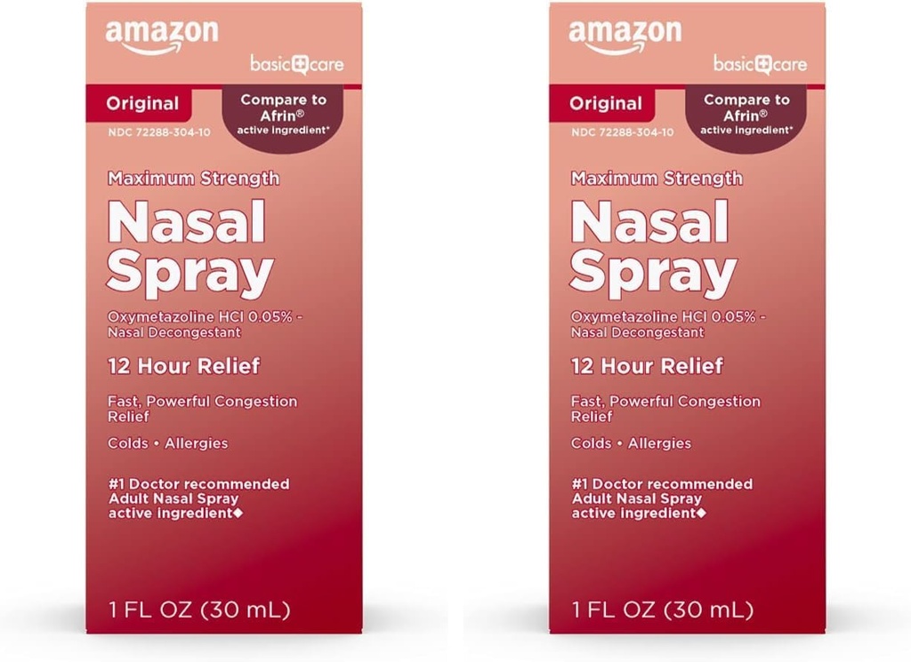 Basic Care Maksimum Strength 12 Hour Nasal Spray, Oxymetazolin HCl Solution, Congestion Relief, Cold and Allergy Medicine, Decongestant, 1 Fl Oz (pakke med 2)