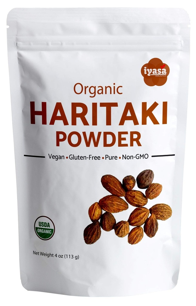 Iyasa Holtics Organic Haritaki Powder, Harde, Harad, Terminalia chebula, Kadakapudi, Ayurveda urt til fordampning, Gas Relief, sund tarm funktion, superfood, Resealable Pouch af 4 oz