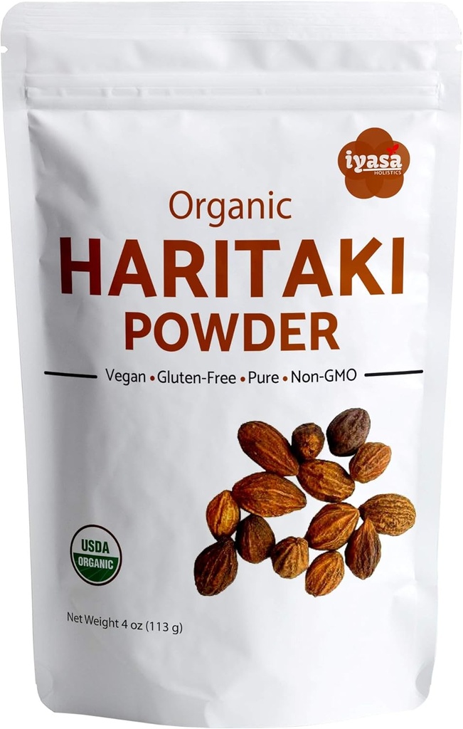 Iyasa Holtics Organic Haritaki Powder, Harde, Harad, Terminalia chebula, Kadakapudi, Ayurveda urt til fordampning, Gas Relief, sund tarm funktion, superfood, Resealable Pouch af 4 oz