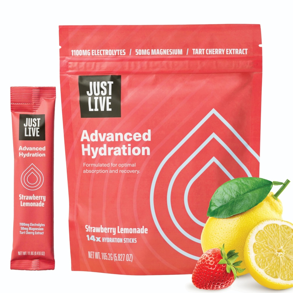 Just Live Advanced Hydration - Strawberry Lemonade, Electrolyte Drink Mix, Tart Cherry Extract, Understøtter Inddrivelse & Absorption, Low Sugar, 14 Pack