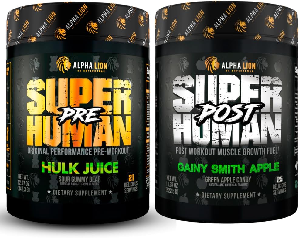 LEONA LION Superhuman Pre Workout Powder & Post Workout Recovery Bundle, Vedvarende energi & Focus + Lean Muscle Growth, Strength & Volume (Hulk Juice & Gainy Smith Apple)