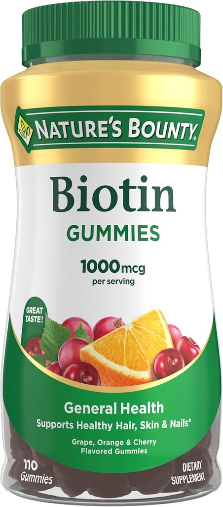 Nature's Bounty Biotin Gummy, Vitamin Supplement, Supports Healthy Hair, Skin, and Nails, Fruit Flavored Gummies, 1000 mcg, 110 Count