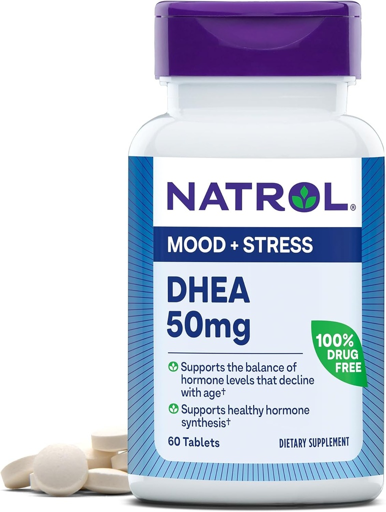 Natrol Mood & Stress DHEA 50mg med Calcium, Kosttilskud til Balance af visse Hormone Level og Mood Support, 60 tabletter, 60 dages forsyning