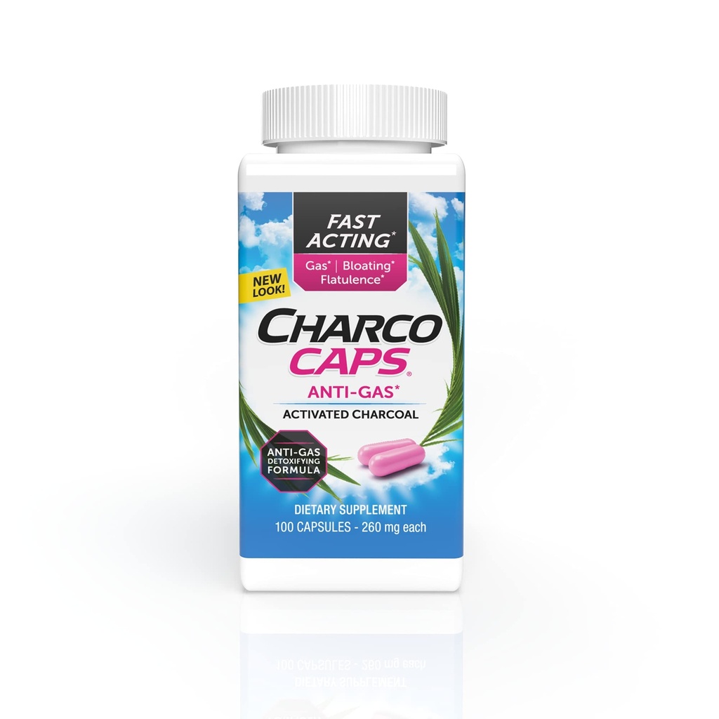 Charcocaps Hurtig fungerende gas Relief til Bloating & Flatulence, Drug Free afgiftning Aktiveret kul Formel, 100 kapsler, 30 dages forsyning, Pink