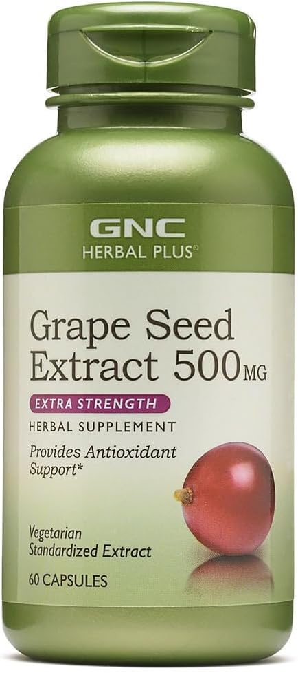 GNC Herbal Plus Grape Seed Extract 500mg Supplement, Ekstra Styrke, Vegetarisk, 60 Servering