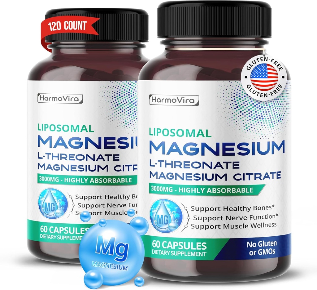 Liposomal Magnesium L- THREONATE Magnesiumcitrat - Support Sunde Knogler, Nerve og Muskel Wellness - 40-Day Supply - Made in USA