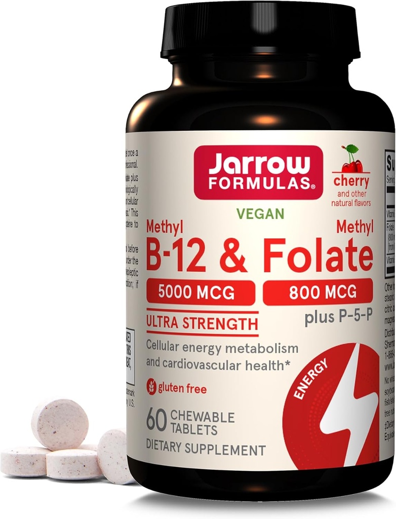 Jarrow Formulas Methyl B- 12 & Methyl Folate - 60 tyggetabletter, Cherry - Bioactive Vitamin B12 & B9 - Understøtter energiproduktion, hjernefunktion & Metabolisme - Gluten Free - 60 Serveringer