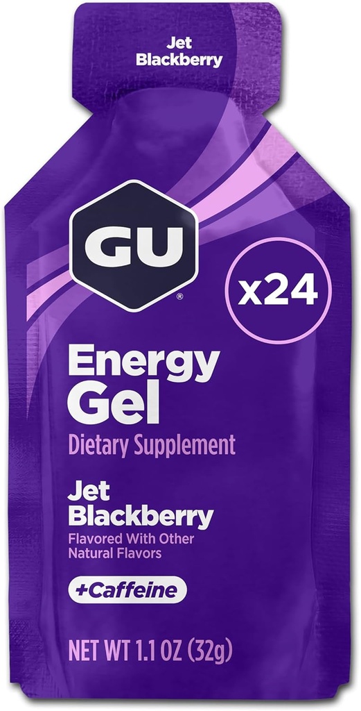 GU Energy Original Sports Nutrition Energy Gel, Jet Blackberry, 24 Count Box (123044)