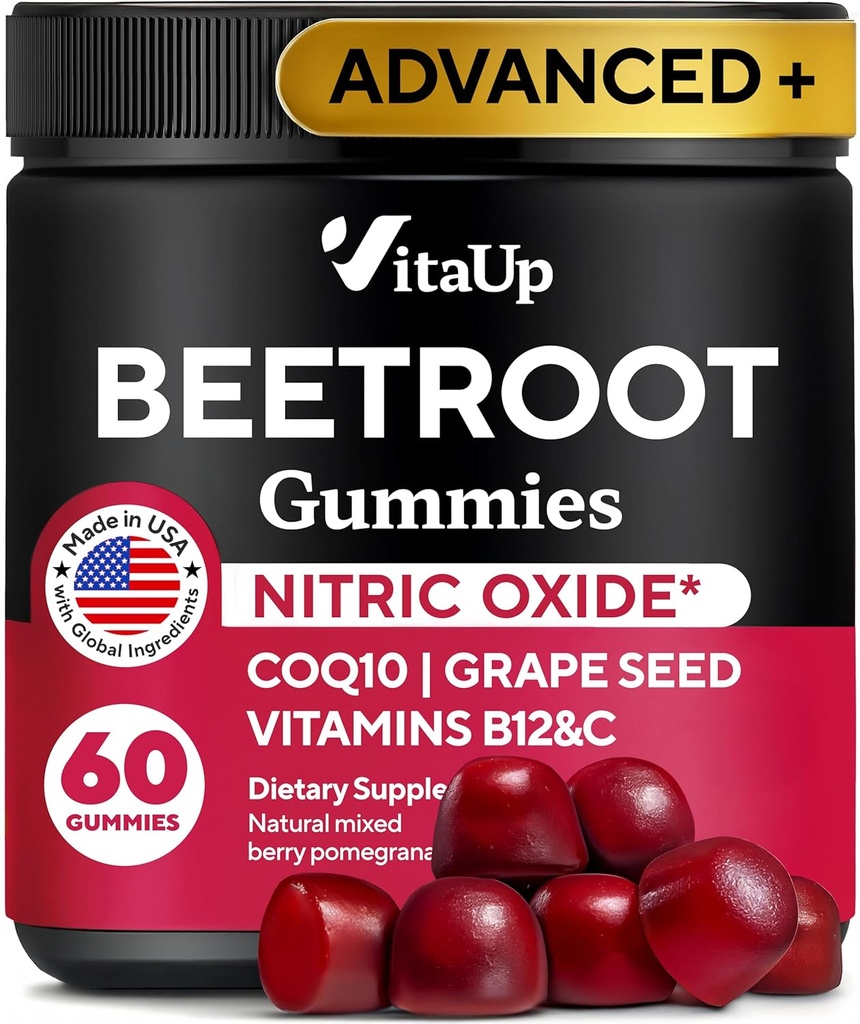 Root Gummies - Roet Gummies - Red Beets Kosttilskud med Beetroot, Grape Seed, Coq10, C-vitamin & B12 - 60 Beet Chews