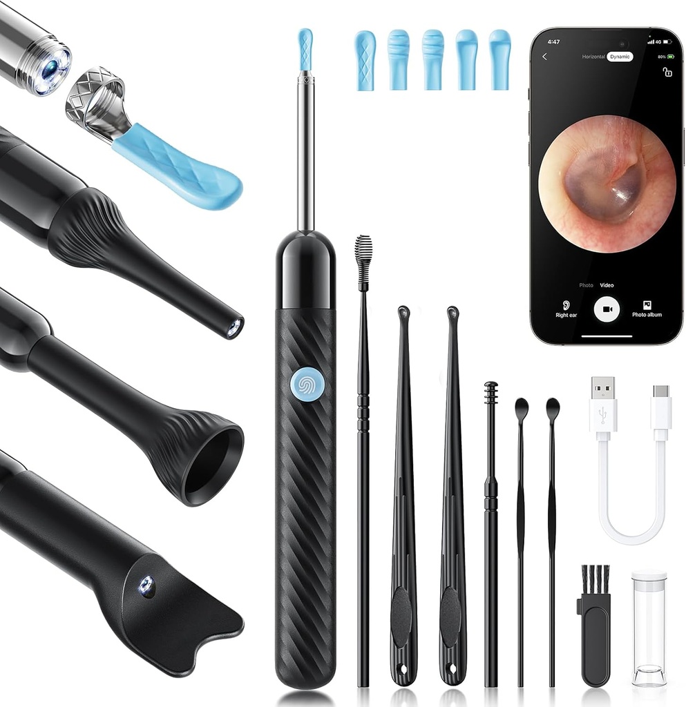Loyker X6 Ear Wax Removal Tool Camera, Ear Cleaner med kamera, FSA - HSA Store Egnede, 1080P Ear Camera med 6LED Light for Ear / Næse / Throat / Tonsil Stone Examination, Black
