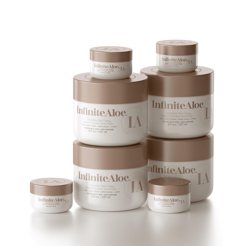 InfiniteAloe komplet hudpleje, Aloe Vera drevet ansigt og krop creme til tør hud Relief, duft fri - 4 Large Jar 8 oz & 4 Travel Jar 0,5 oz