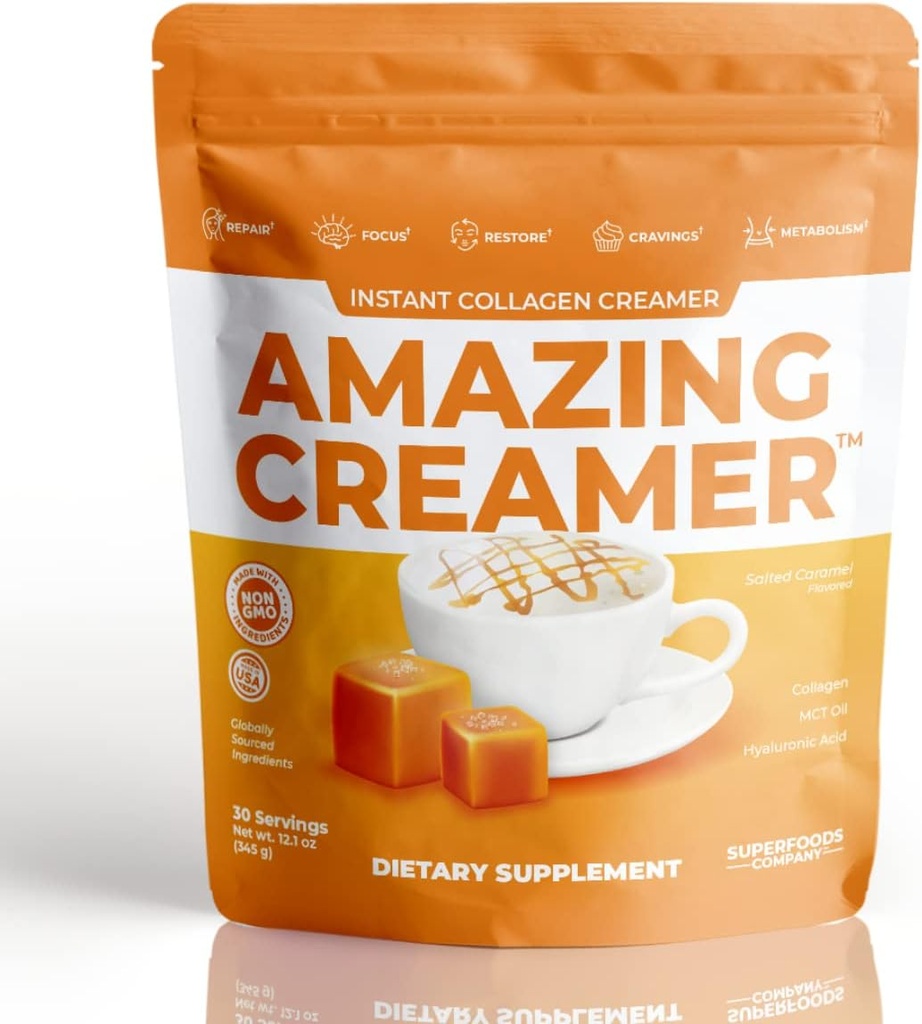 Superfoods Company Amazing Creamer med Collagen - Keto Creamer- Hyaluronsyre & MCT Oil - Brain Boost & Curbs Cravings - Understøtter sund hud & hår - Diet- Friendly [30 Servere] [Saltet Caramel]