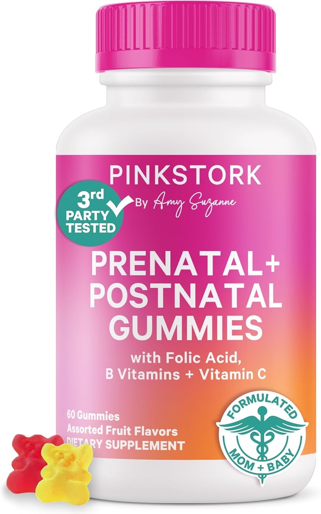 Pink Stork Fertilitet + Prenatal + Postnatal Gummy Vitaminer - Full Moderhood Journey Support - Multivitamin med Folate, B Vitaminer, Zink & Biotin - 60 Assorted Fruit Gummies