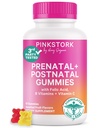Pink Stork Fertilitet + Prenatal + Postnatal Gummy Vitaminer - Full Moderhood Journey Support - Multivitamin med Folate, B Vitaminer, Zink & Biotin - 60 Assorted Fruit Gummies