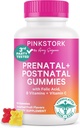 Pink Stork Fertilitet + Prenatal + Postnatal Gummy Vitaminer - Full Moderhood Journey Support - Multivitamin med Folate, B Vitaminer, Zink & Biotin - 60 Assorted Fruit Gummies