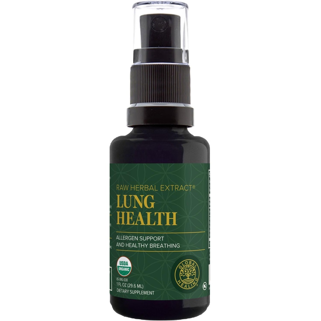 Global Healing Organic Lung Health Supplement - Urte Nasal Decongestant Spray til Lung Cleanse, Respiratory Support og Mucus Relief til åndedræt Easy - Normal Næseallergi og Sinus Defense - 1 Fl Oz