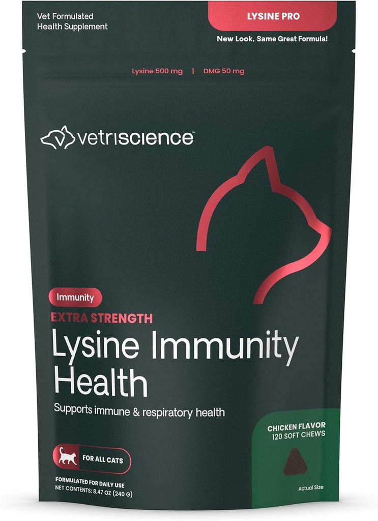 VETRISCIENCE Extra Strength Lysin Immunity Health Chews - Immunity Supplement for katte af alle aldre - Understøtter immunfunktion, Eye Health & Kardiovaskulær funktion - 120 Tæl