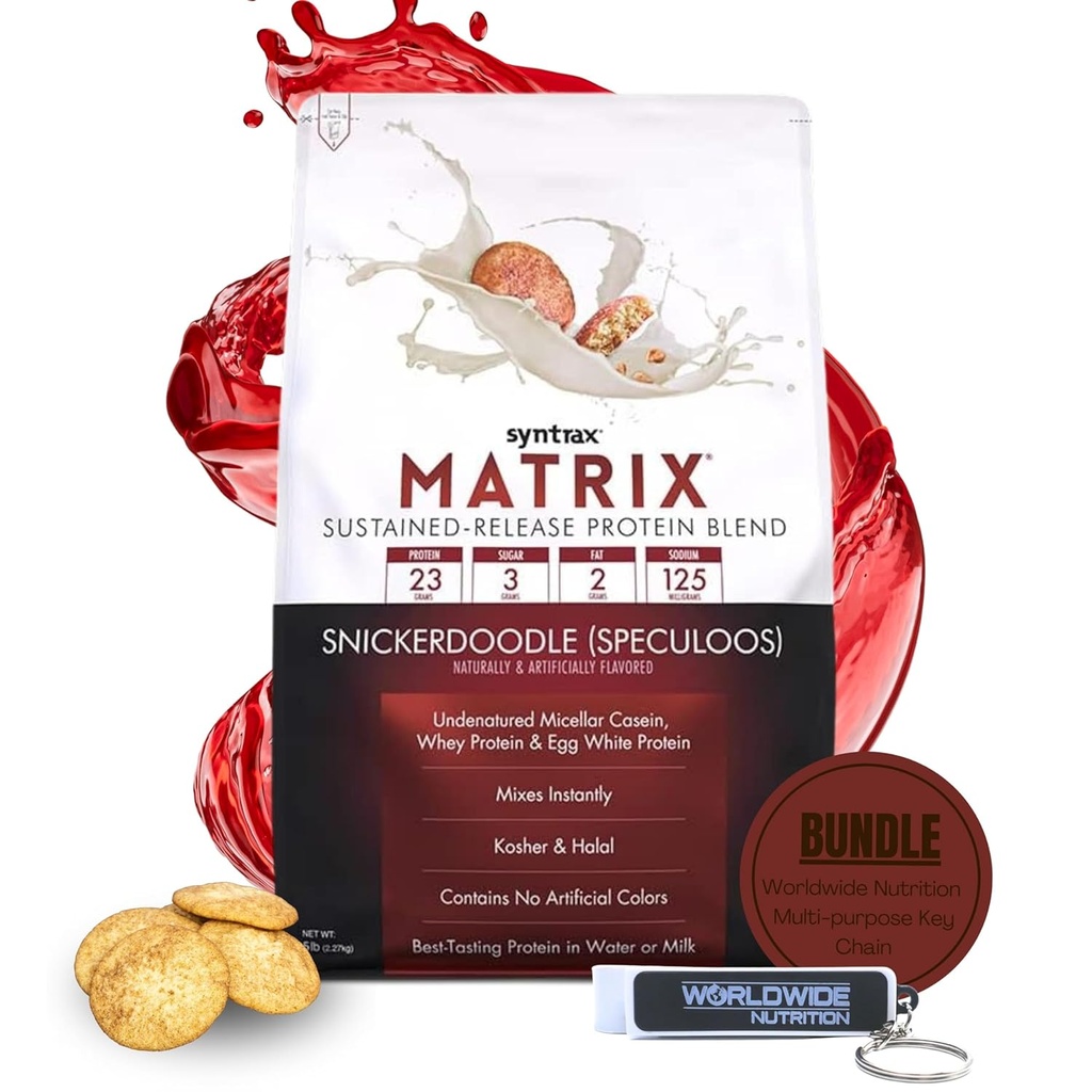 Syntrax Bundle: Matrix Protein Powder Sustained- Release Casein Protein og Whey Protein Powder - Instant Mix Snickerdoodle Protein Powder Flavor, 5lbs med verdensomspændende ernæring Keychain