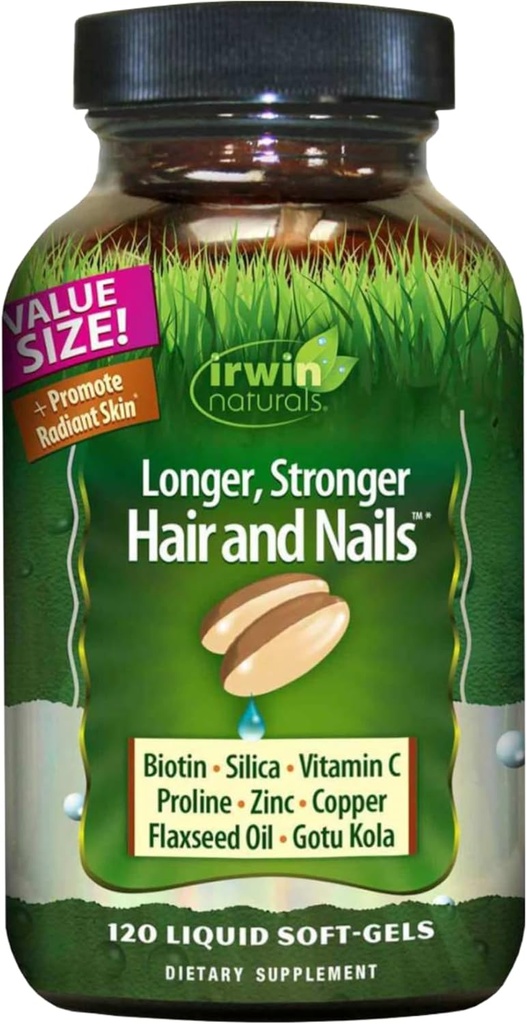 Irwin Naturals Længere, Stærkere hår og negle - 120 flydende bløddele - fremmer Vibrant Shine Texture & Styrke - 60 Total Servering
