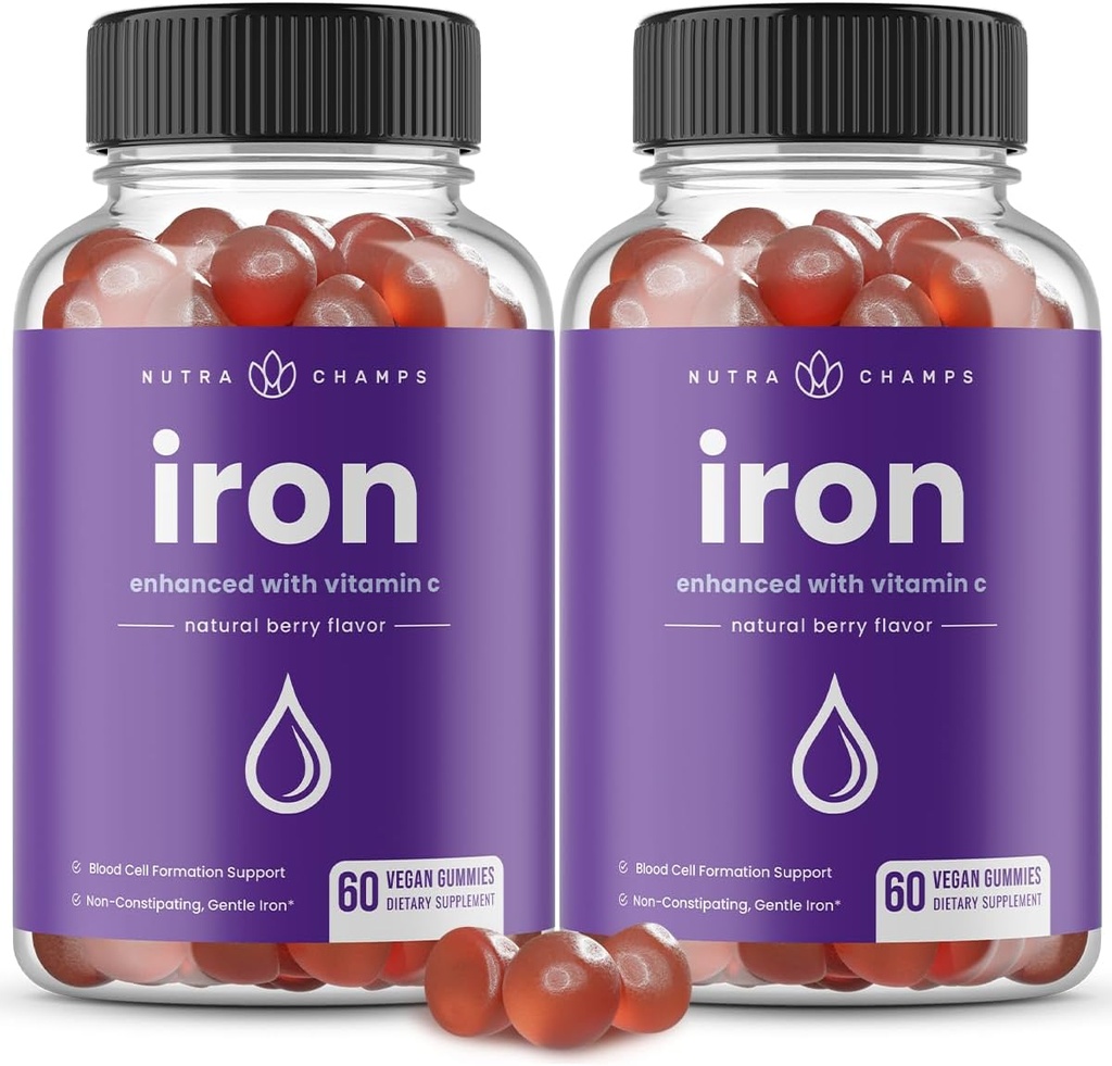 NutraChamps Iron Gummies med C-vitamin, 20mg Iron Blood Cell Formation Support, 120 Gummies for Iron Deficiency & Anæmi, Energy, Focus, Immunboost Pack af 2