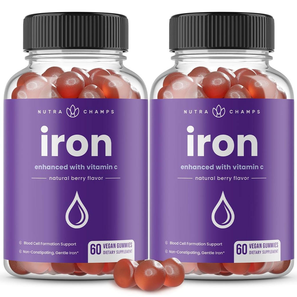 NutraChamps Iron Gummies med C-vitamin, 20mg Iron Blood Cell Formation Support, 120 Gummies for Iron Deficiency & Anæmi, Energy, Focus, Immunboost Pack af 2