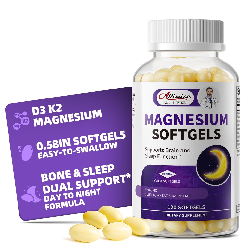 Magnesium Glycinat 400mg Softgel, små, glatte kapsler, Domach, med D3 & K2-vitamin til søvn, Slap af, Muskel, Knogler Sundhed