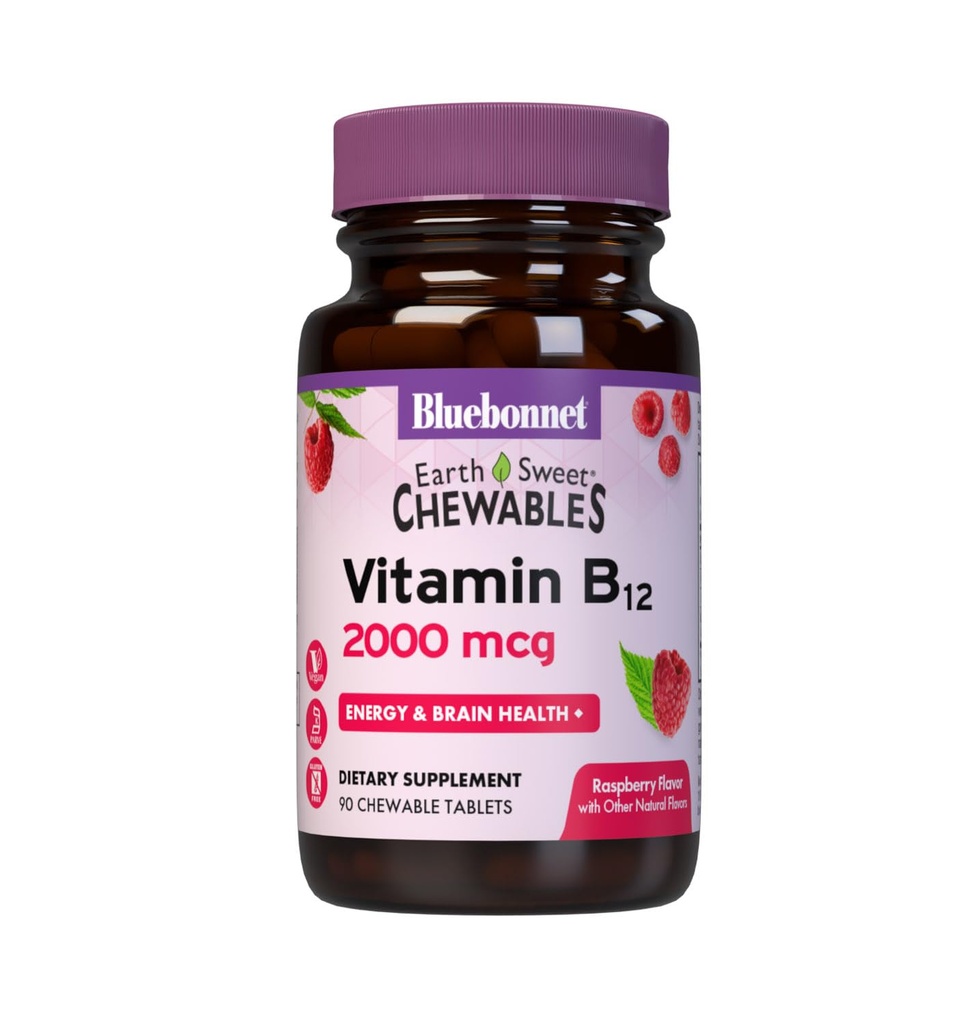 BlueBonnet Nutrition Earth Sweet Vitamin B12 2000 mcg Chewable Tablets, Soy- Free, Gluten- Free, Kosher Certified, Dairy- Free, Vegan, Raspberry Flavored, 90 Chewable Tablets, 90 Servere